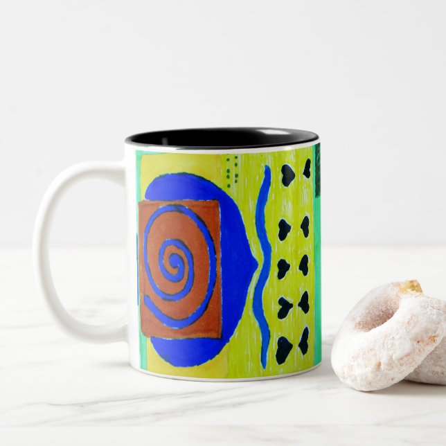 Abstract Geometric Bright Blue Shapes Two-Tone Coffee Mug (With Donut)