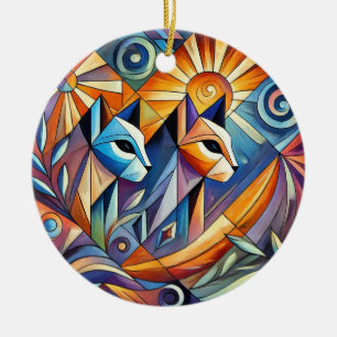 Abstract Geometric Cats with Vibrant Colours Ceramic Ornament