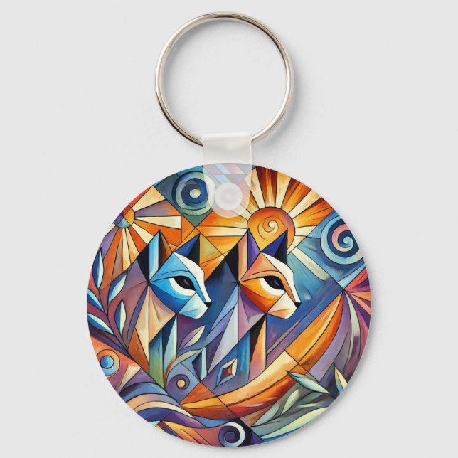 Abstract Geometric Cats with Vibrant Colours Keychain (Front)