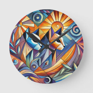 Abstract Geometric Cats with Vibrant Colours Round Clock