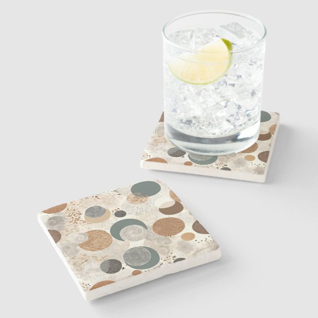 Abstract Geometric Circle Pattern Neutral Boho Stone Coaster (Side)