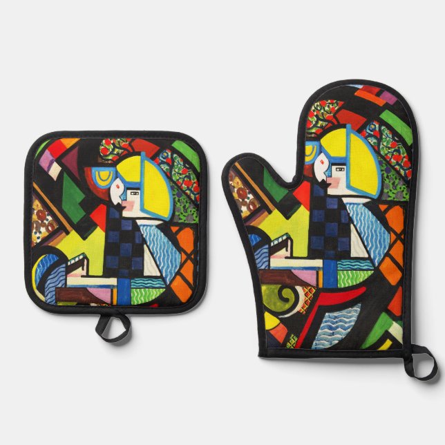 Abstract Geometric Colourful Modernist Painting Oven Mitt & Pot Holder Set (Front)
