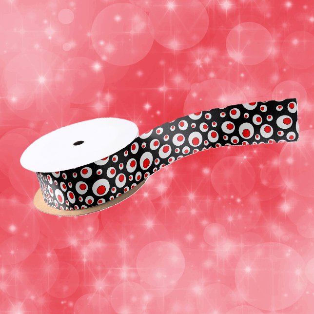 Abstract Geometric Cool Red White Circles Satin Ribbon (Abstract design white and red bold circles on black roll of gift or craft ribbon.)