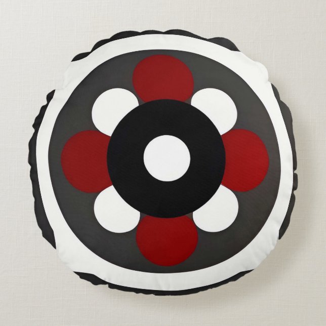 Abstract Geometric Design with Red, Black White Round Pillow (Front)