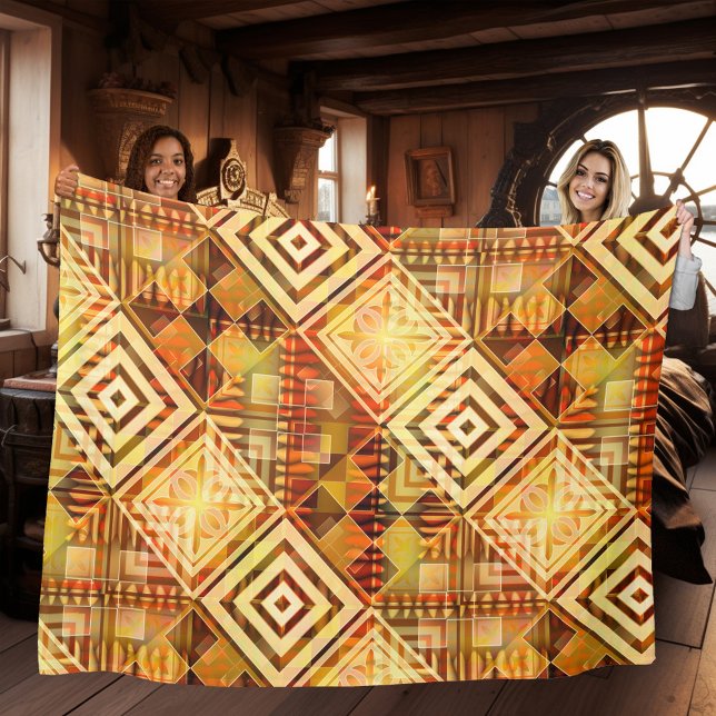 Abstract Geometric Fall Pattern Fleece Blanket (Artistic modern fleece blanket featuring an abstract geometric design in warm fall colors)