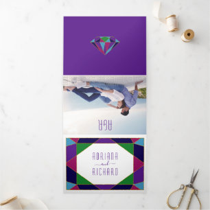 Abstract geometric frame typography purple wedding Tri-Fold invitation