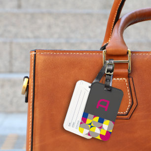 Abstract geometric fuchsia blue yellow grey name luggage tag
