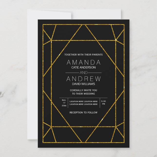 Abstract geometric gold glitter jewel wedding invitation (Front)