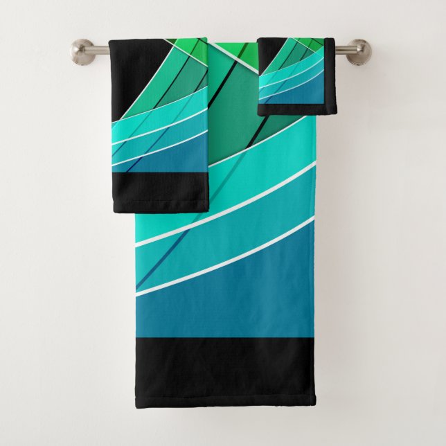 Abstract, geometric, green, blue, black bath towel set (Insitu)