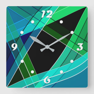 Abstract, geometric , green , blue , black square wall clock