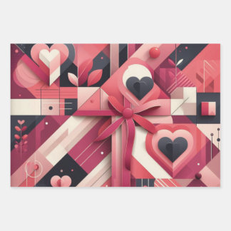 Abstract geometric hearts and bold colour blocks wrapping paper sheet
