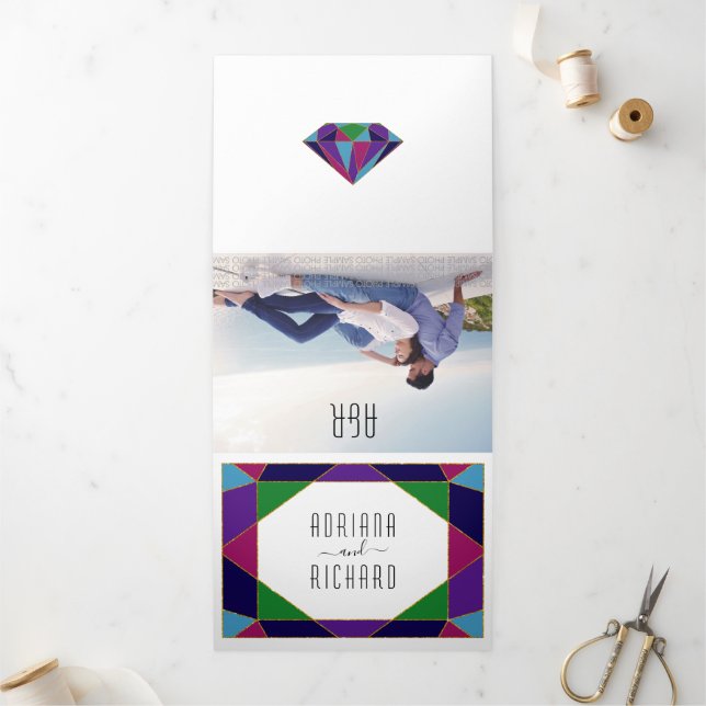 Abstract geometric jewel typography wedding Tri-Fold invitation (Outside)