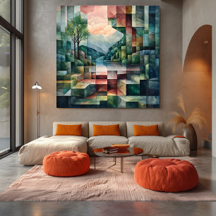 Abstract Geometric Landscape with River and Tree Canvas Print