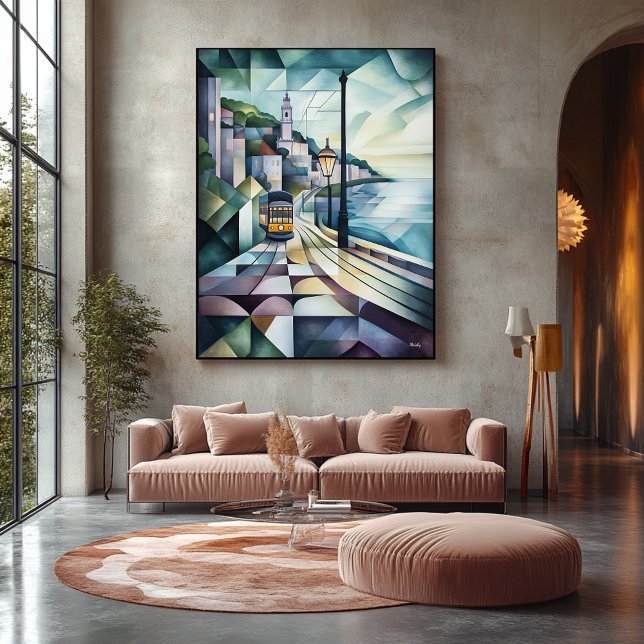 Abstract Geometric Lisbon Skyline with Tram Canvas Print (Creator Uploaded)