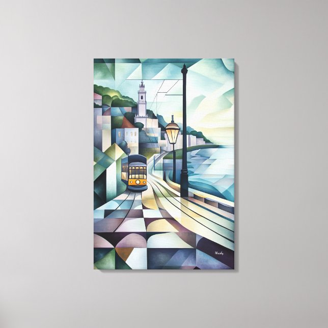 Abstract Geometric Lisbon Skyline with Tram Canvas Print (Front)
