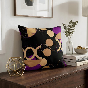 Abstract Geometric Modern Art Black Purple & Gold Accent Pillow