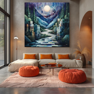 Abstract Geometric Moonlit Valley with River Canvas Print