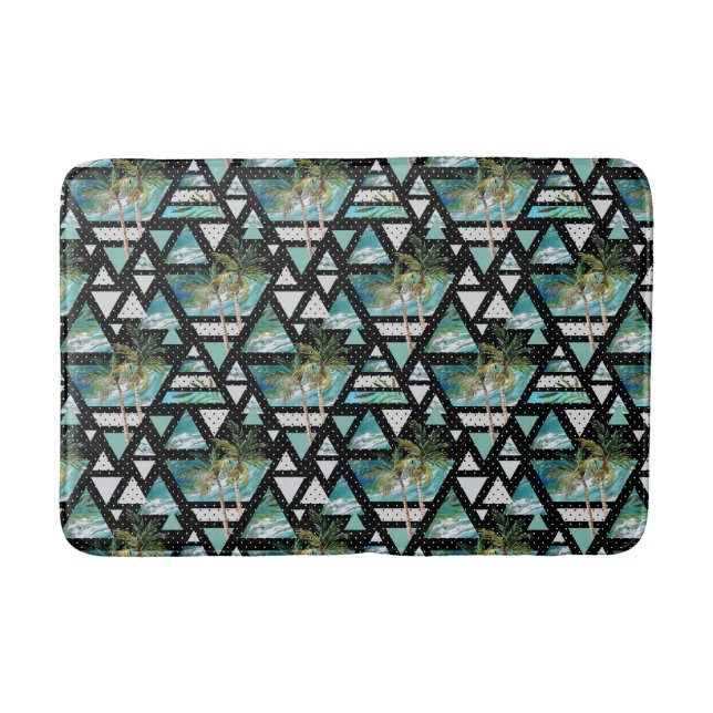 Abstract Geometric Palms & Waves Pattern Bath Mat (Front)