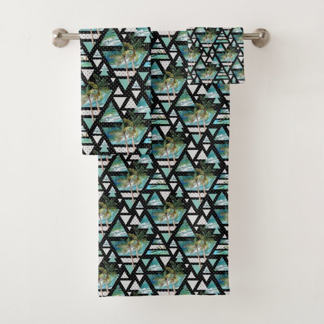 Abstract Geometric Palms & Waves Pattern Bath Towel Set (Insitu)