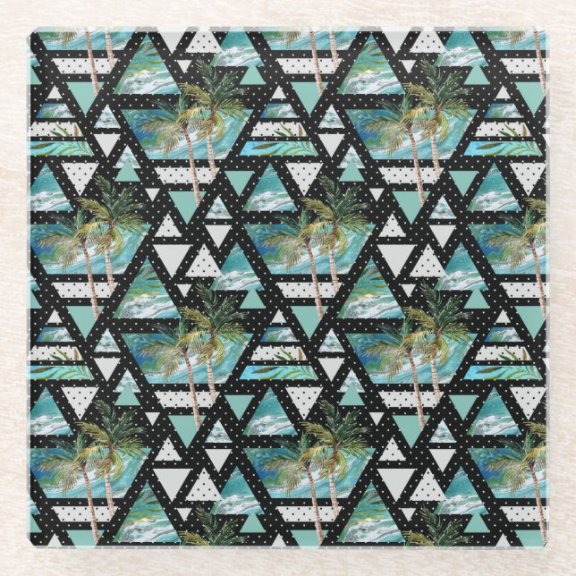 Abstract Geometric Palms & Waves Pattern Glass Coaster (Front)