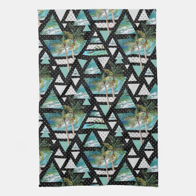 Abstract Geometric Palms & Waves Pattern Kitchen Towel (Vertical)