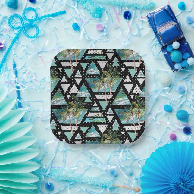 Abstract Geometric Palms & Waves Pattern Paper Plate (Party)
