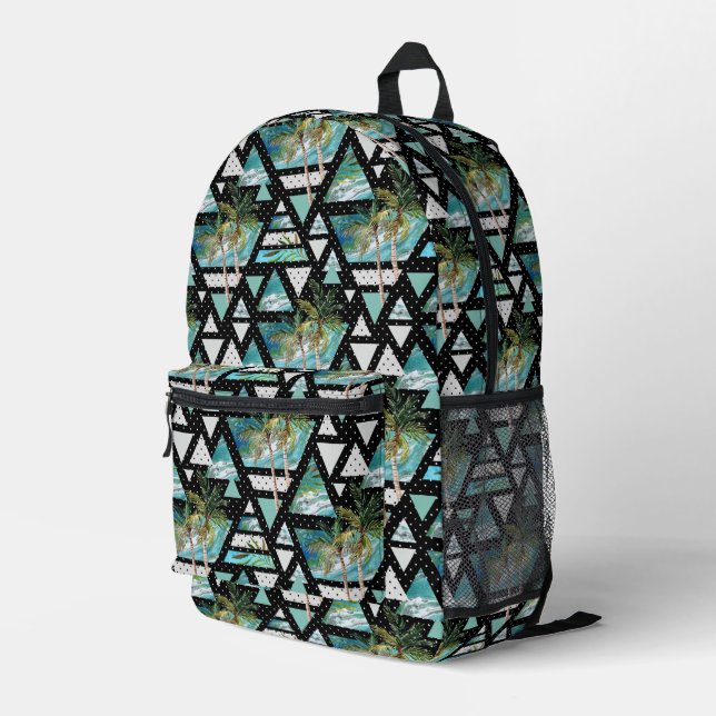Abstract Geometric Palms & Waves Pattern Printed Backpack (Back Corner Right)