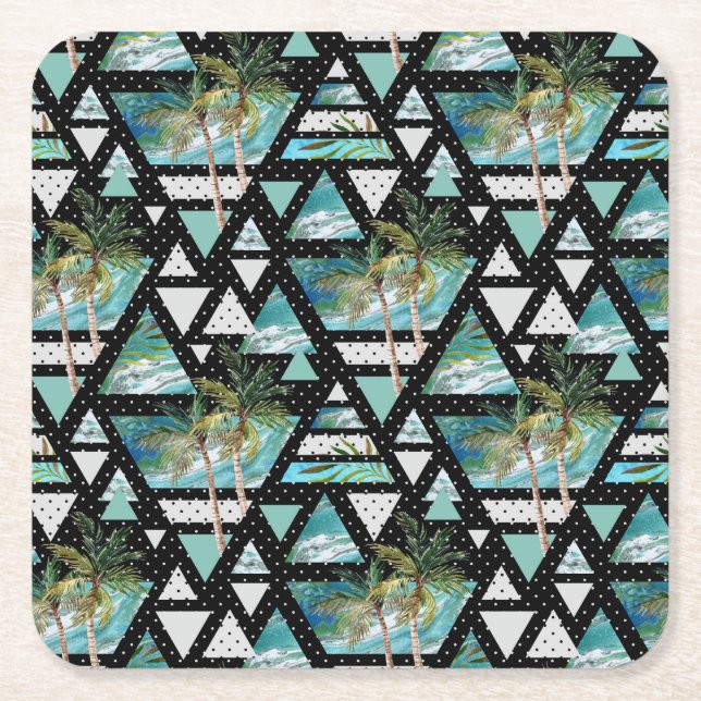 Abstract Geometric Palms & Waves Pattern Square Paper Coaster (Front)