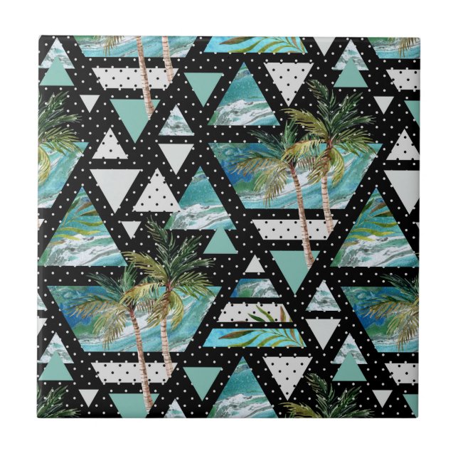 Abstract Geometric Palms & Waves Pattern Tile (Front)