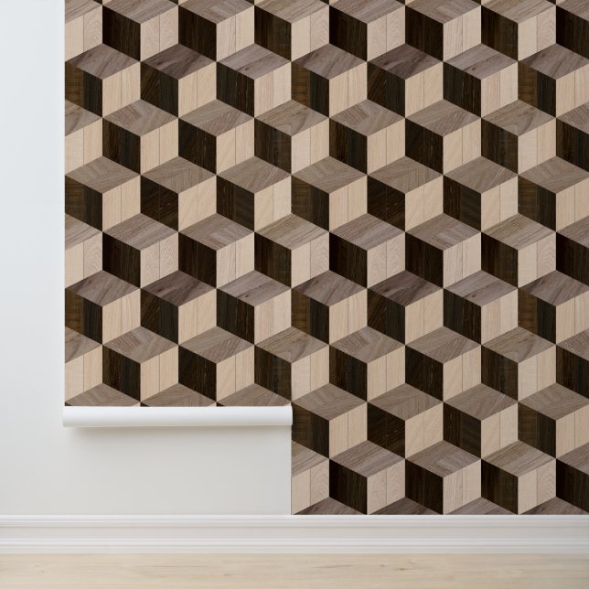 Abstract Geometric Parquet Wooden Cube Pattern Wallpaper (Application)