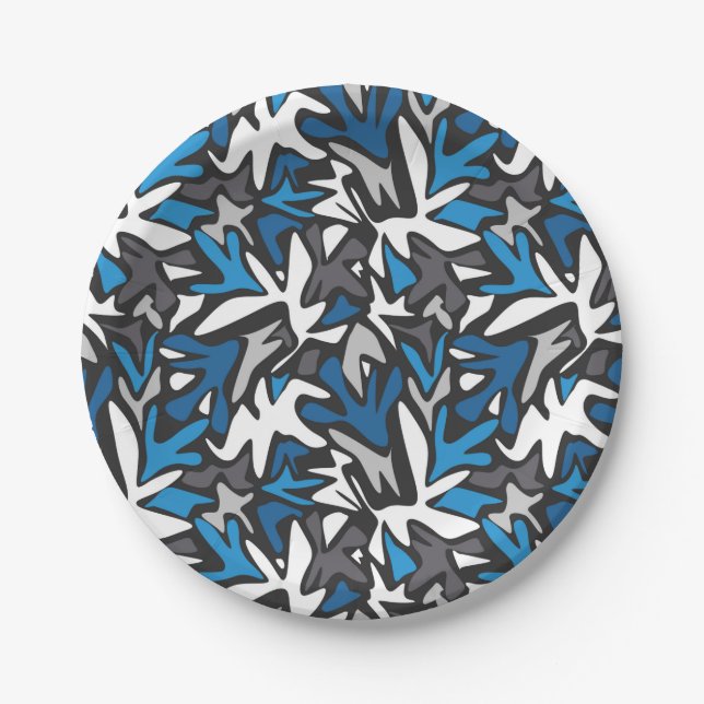 abstract, geometric, pattern, black and blue throw paper plate (Front)