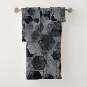 Abstract geometric pattern, black and grey . bath towel set