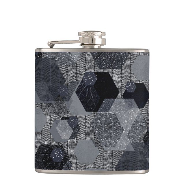 Abstract geometric pattern, black and grey .  hip flask (Front)
