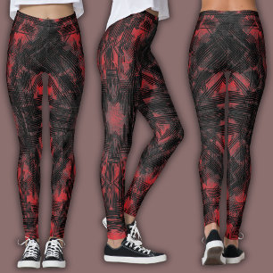Abstract Geometric Pattern Black and Red Leggings