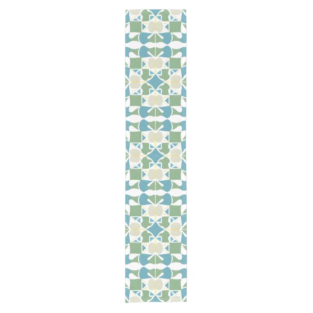 Abstract Geometric Pattern in Green and Blue Short Table Runner (Front)