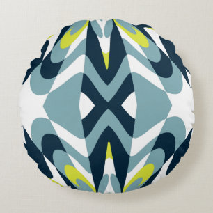 Abstract Geometric Pattern in Navy, Teal, and Lime Round Pillow