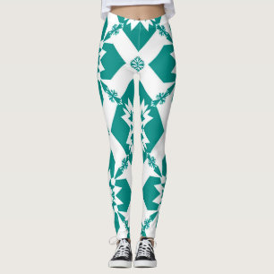Abstract Geometric Pattern in White and Green Leggings
