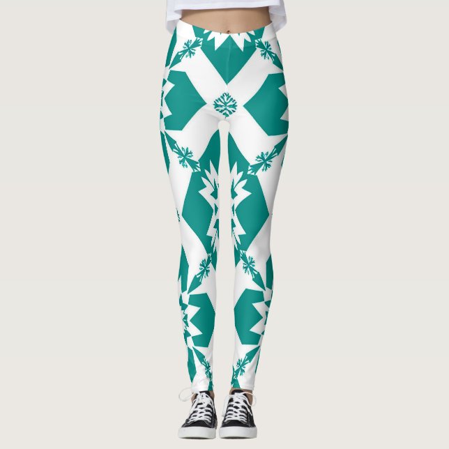 Abstract Geometric Pattern in White and Green Leggings (Front)