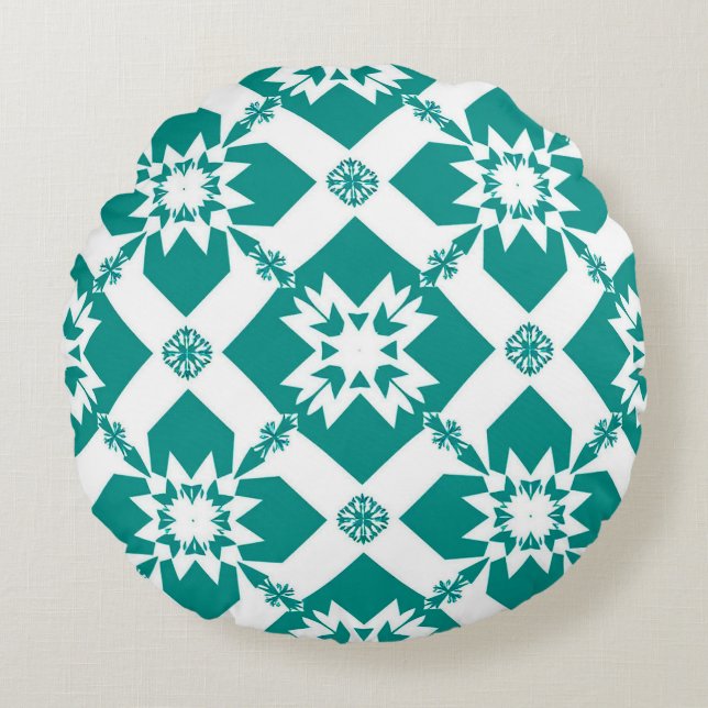 Abstract Geometric Pattern in White and Green Round Pillow (Front)
