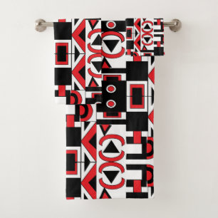 Abstract Geometric Pattern Modern Black Red White Bath Towel Set