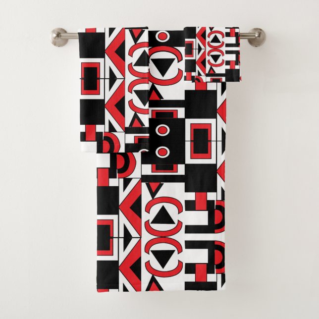 Abstract Geometric Pattern Modern Black Red White Bath Towel Set (Insitu)