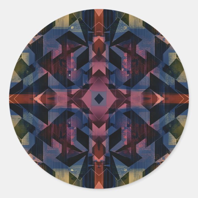 Abstract geometric pattern with blue flower classic round sticker (Front)
