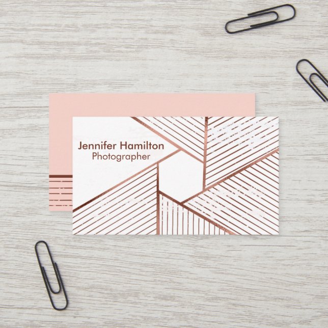Abstract Geometric Rose Gold Foil Photographer Business Card (Front/Back In Situ)
