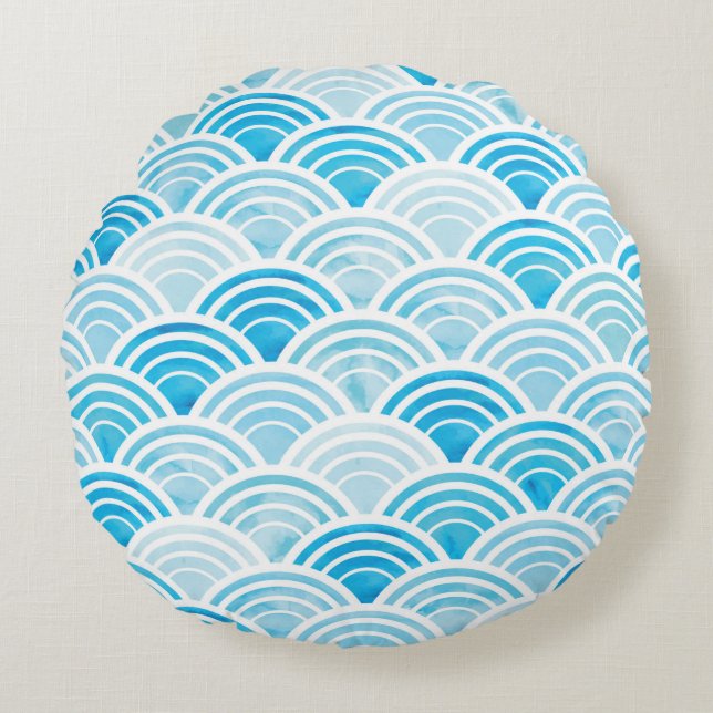 Abstract geometric seamless pattern with blue wate round pillow (Front)