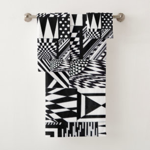 abstract geometric shapes black white pattern hand bath towel set