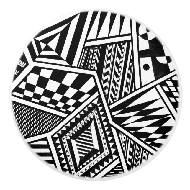 abstract geometric shapes black white pattern hand ceramic knob (Front)