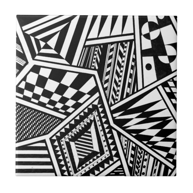 abstract geometric shapes black white pattern hand tile (Front)