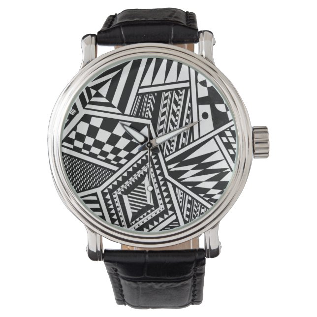 abstract geometric shapes black white pattern hand watch (Front)