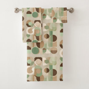 Abstract Geometric Shapes in Green, Beige, Brown Bath Towel Set