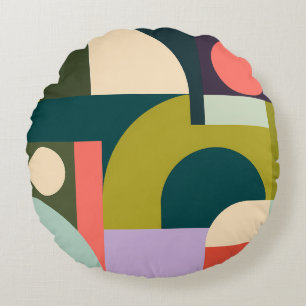 Abstract Geometric Shapes Modern Colourful Design Round Pillow